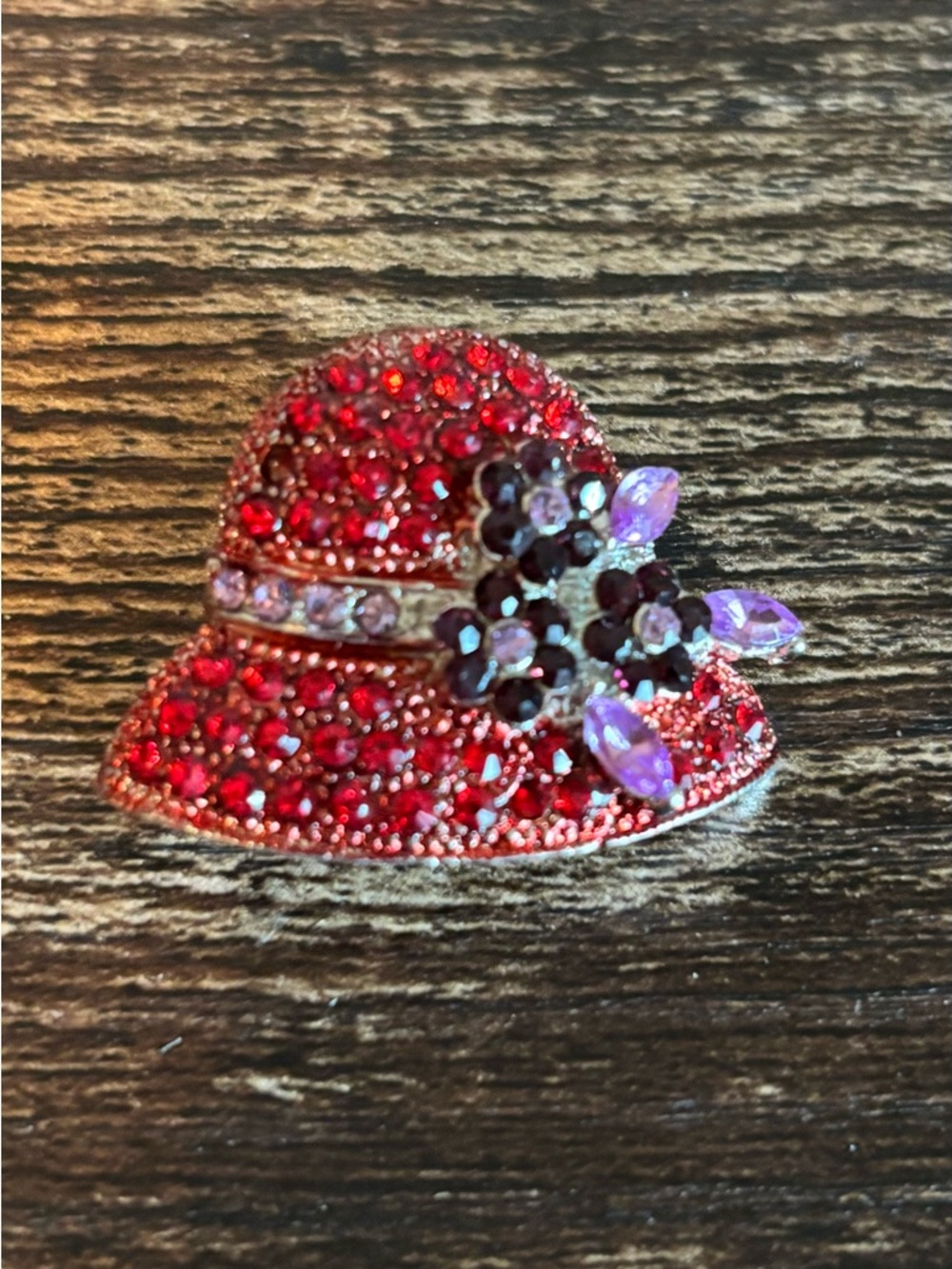 Red Crystal Hat Brooch with Purple Accent -‎ Elegant Women’s Accessory